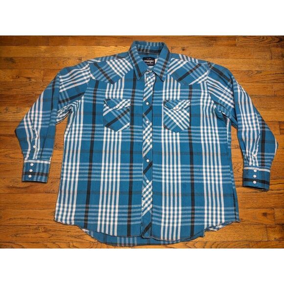 Vintage Wrangler Mens XXL Pearl Snap Flannel Made In USA Long Sleeve Heavy Shirt - Picture 1 of 8